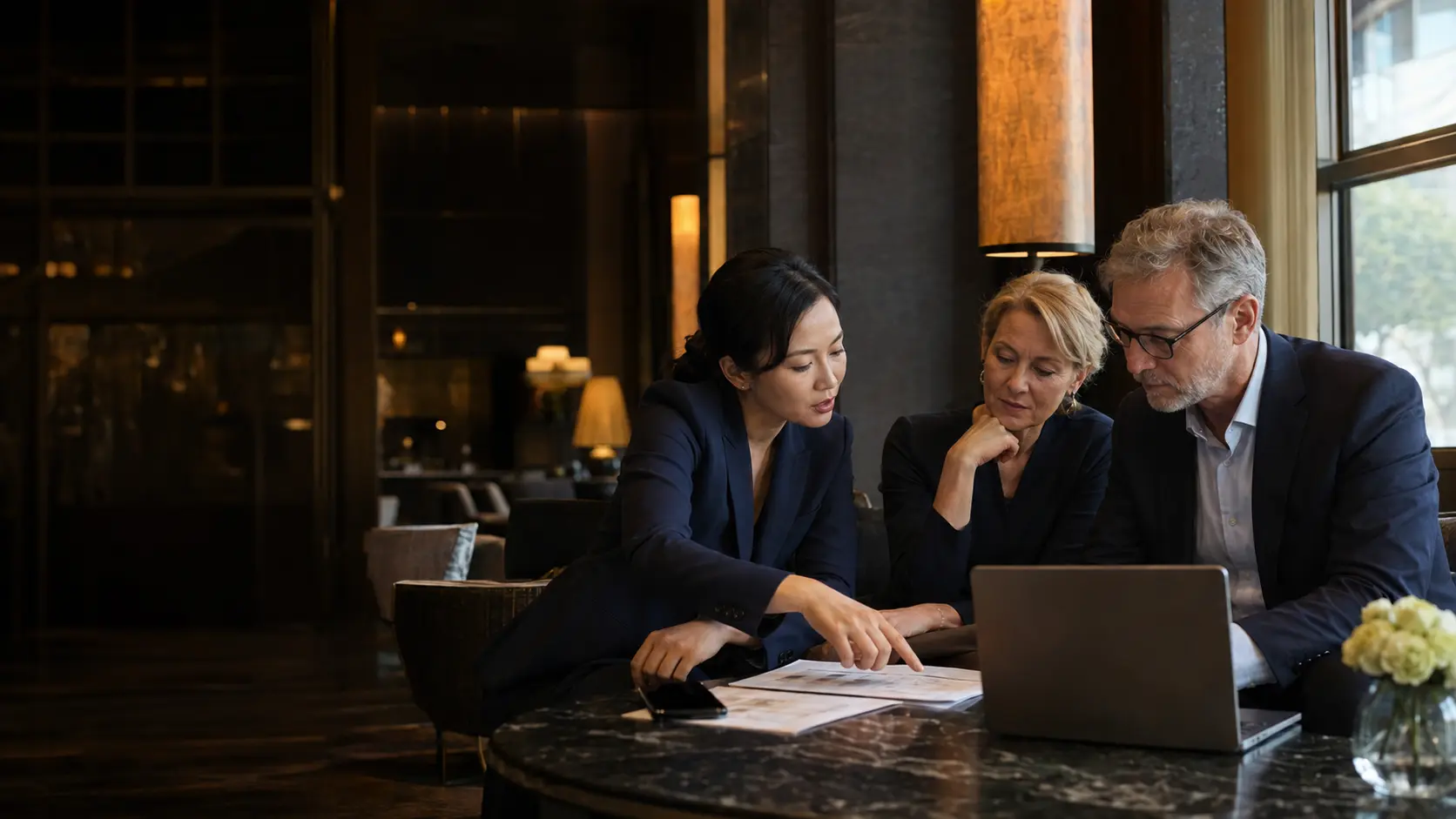 A Chinese program manager discussing a multi-city itinerary with international business travellers