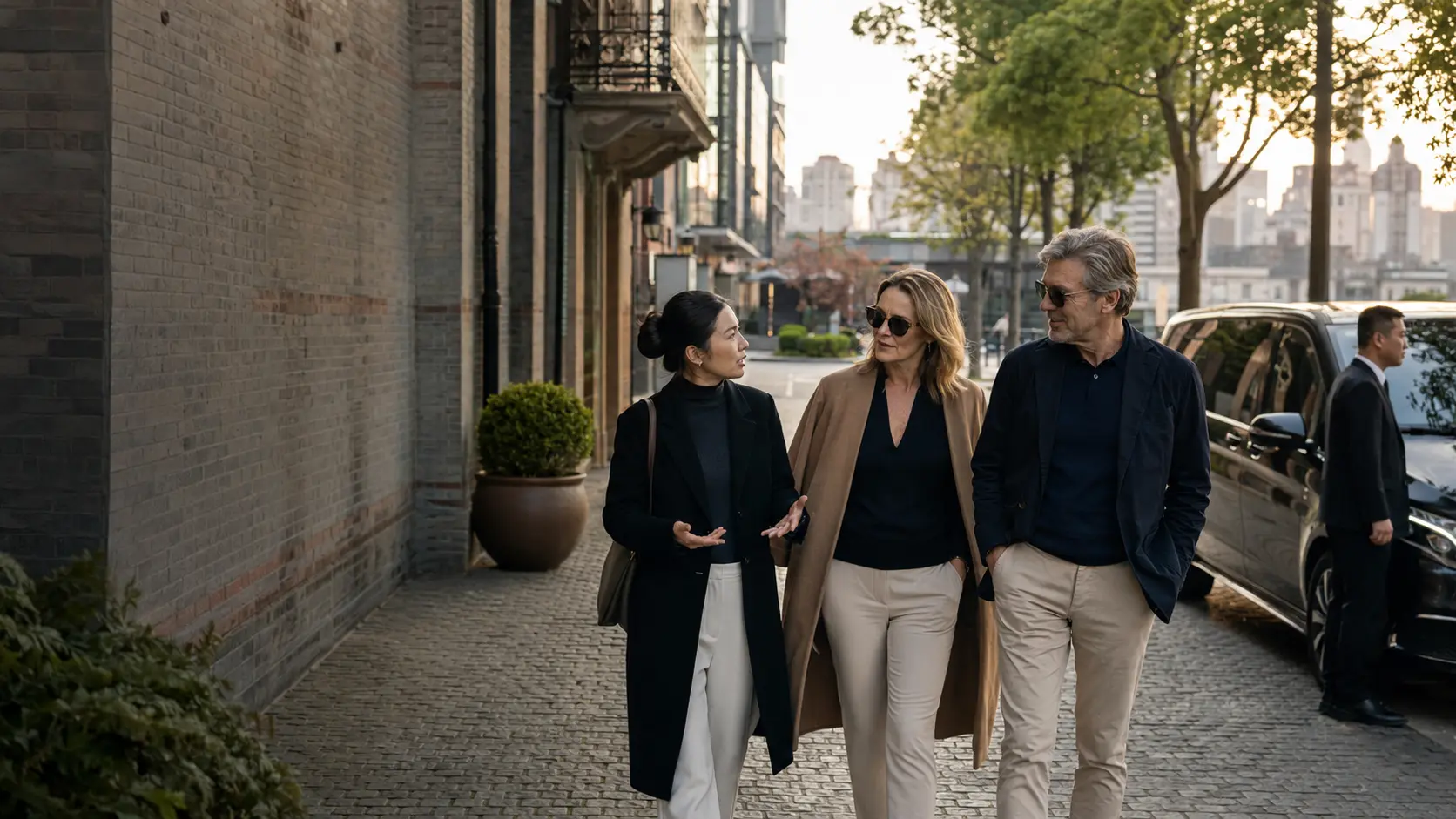 International business travellers spending personal time in Shanghai with their Chinese program manager