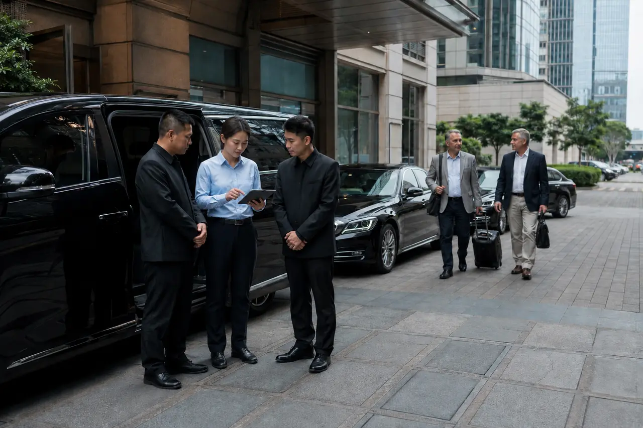 Chinese female Program Manager briefing chauffeurs and coordinating executive vehicles for a Greater Bay Area business itinerary