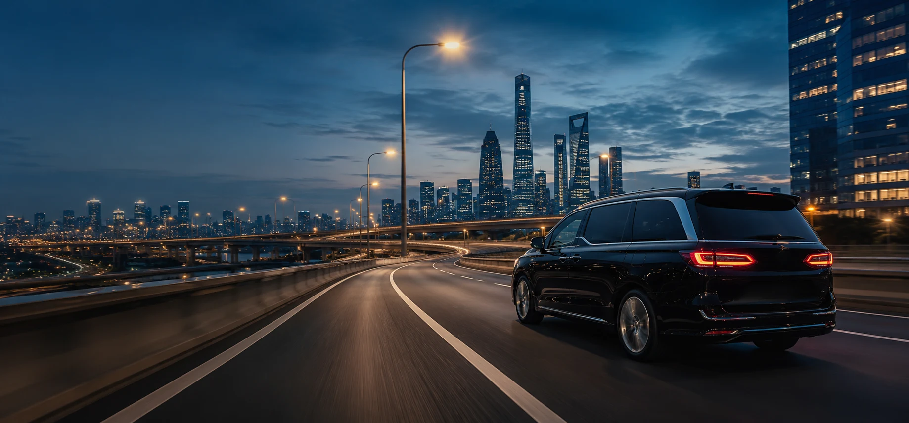 Black executive vehicle travelling between major Chinese business cities