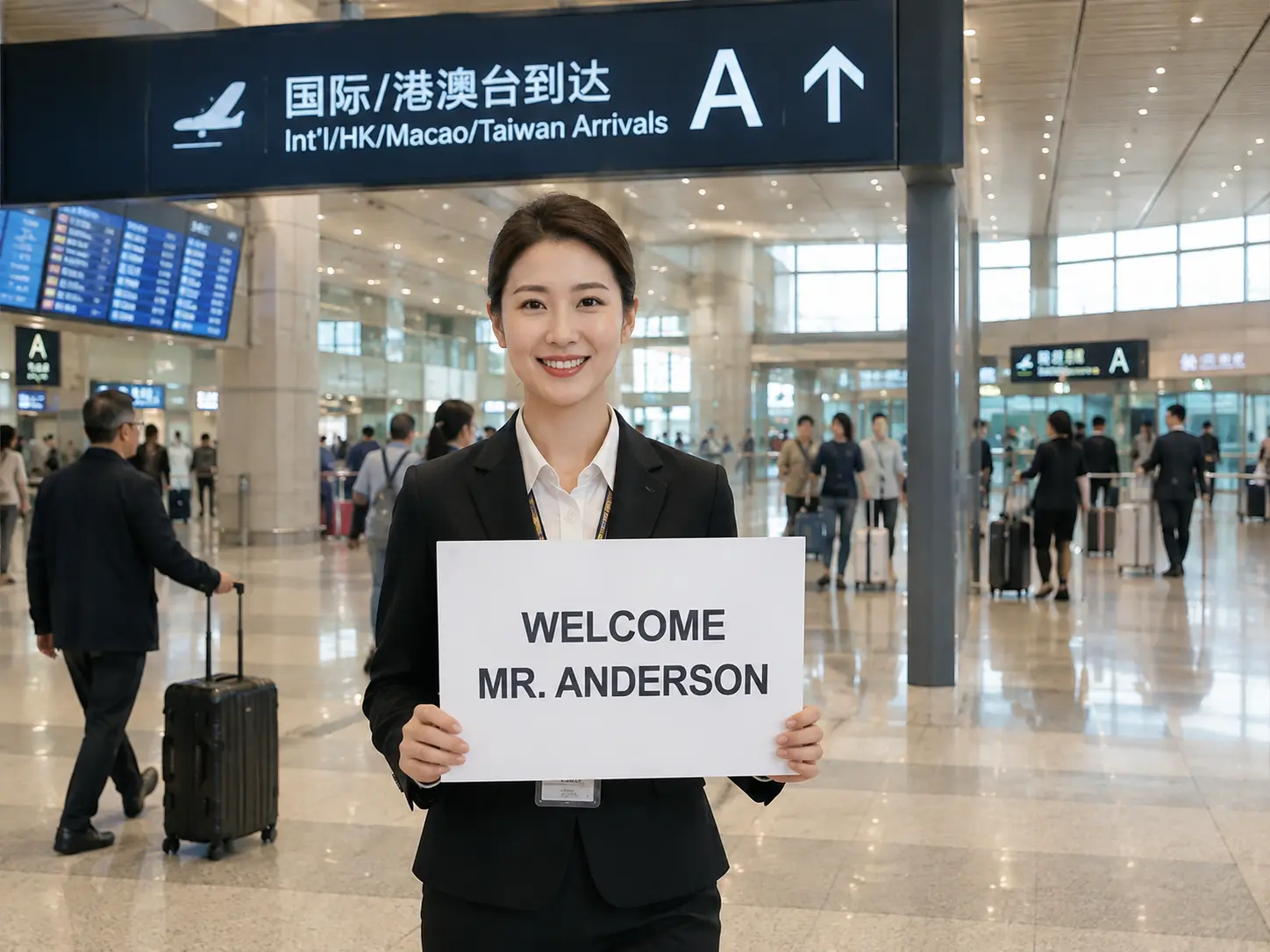 Chinese female airport representative holding a welcome sign