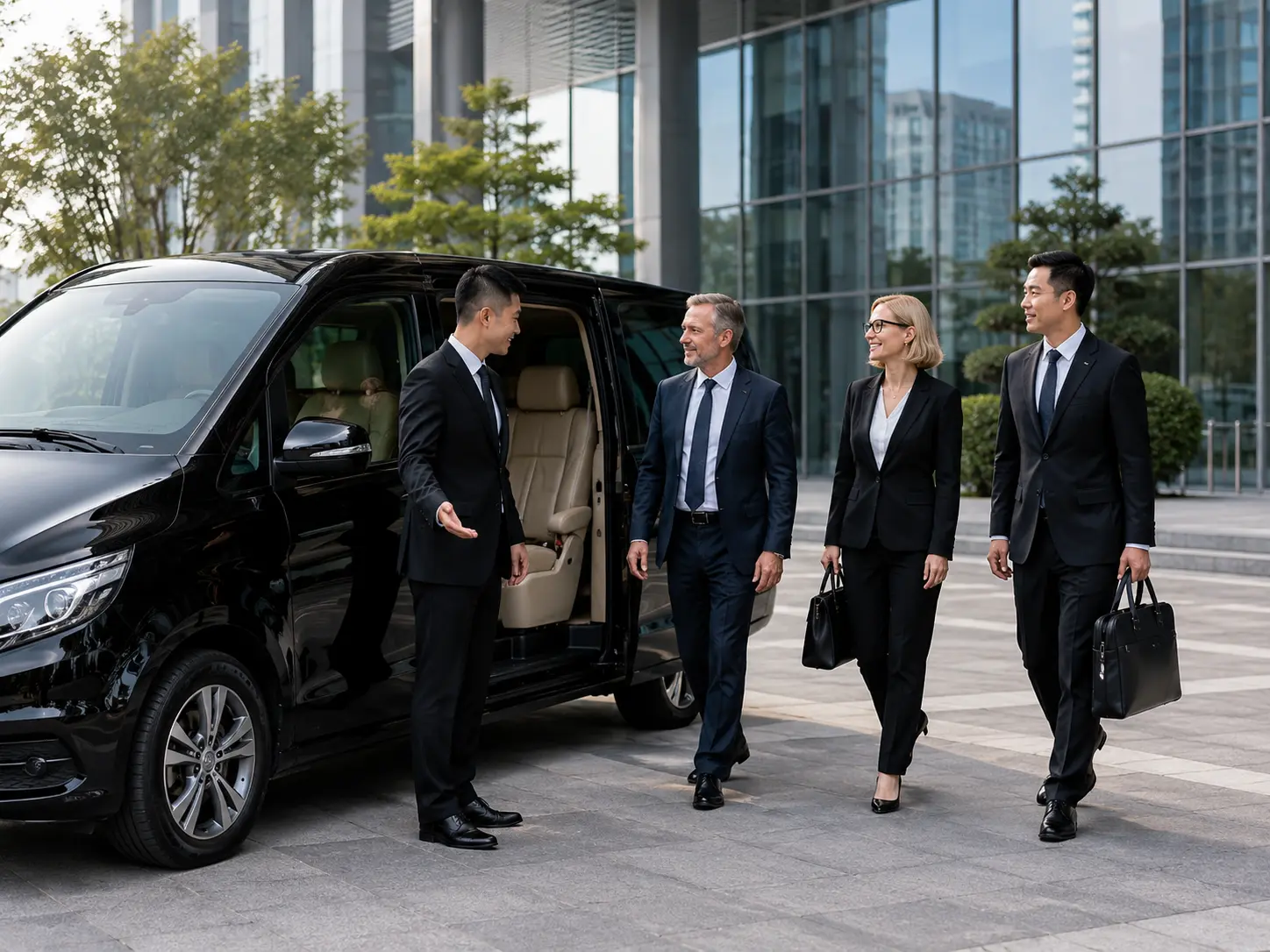 Corporate group arriving beside a black executive van