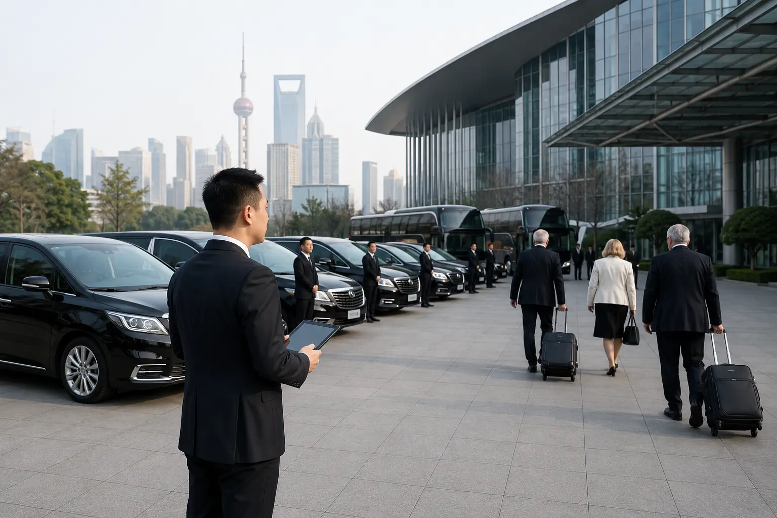 Chinese Program Manager coordinating a fleet of executive vehicles and coaches for an international exhibition
