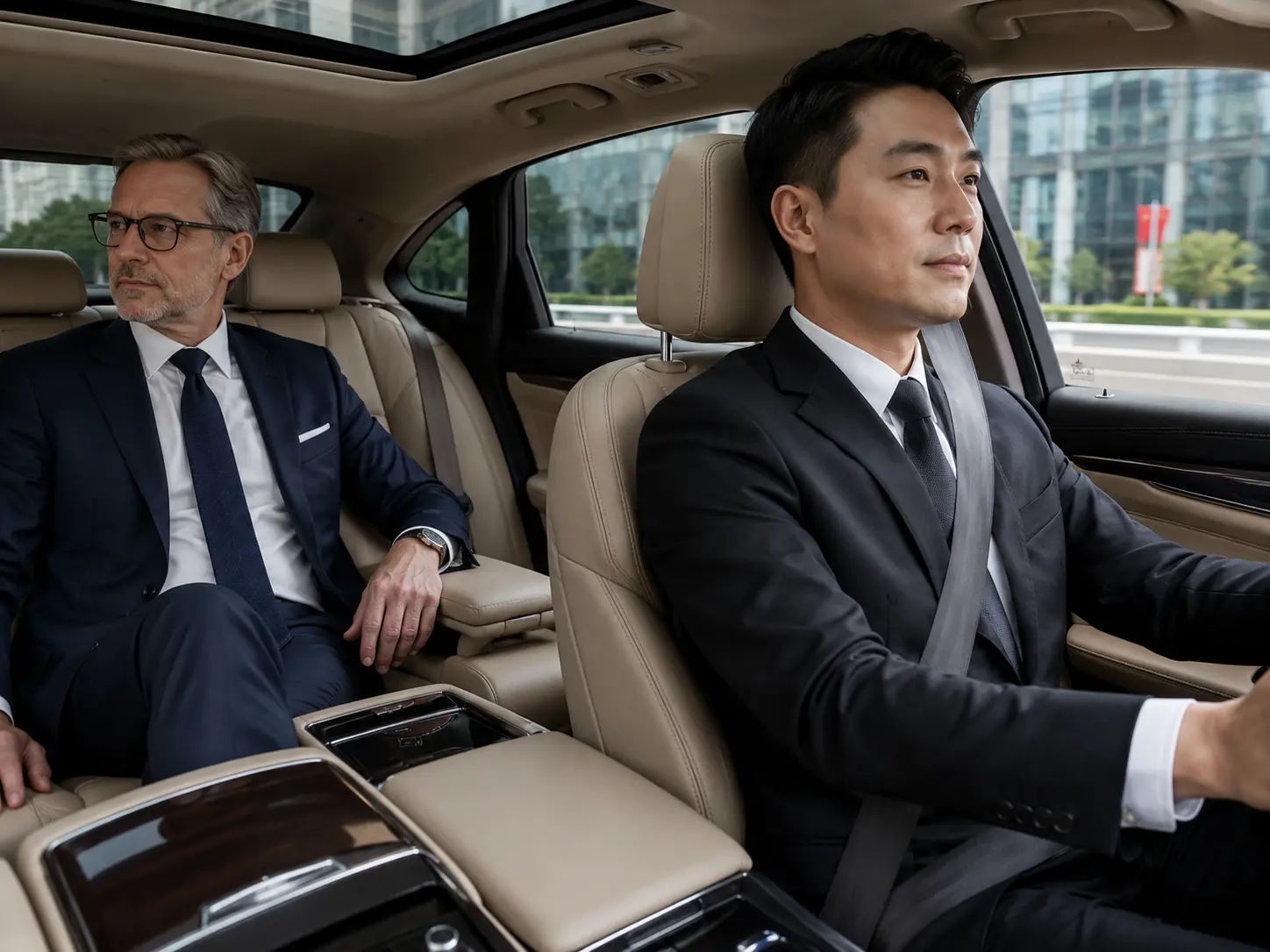 Executive passenger and Chinese chauffeur inside a luxury sedan