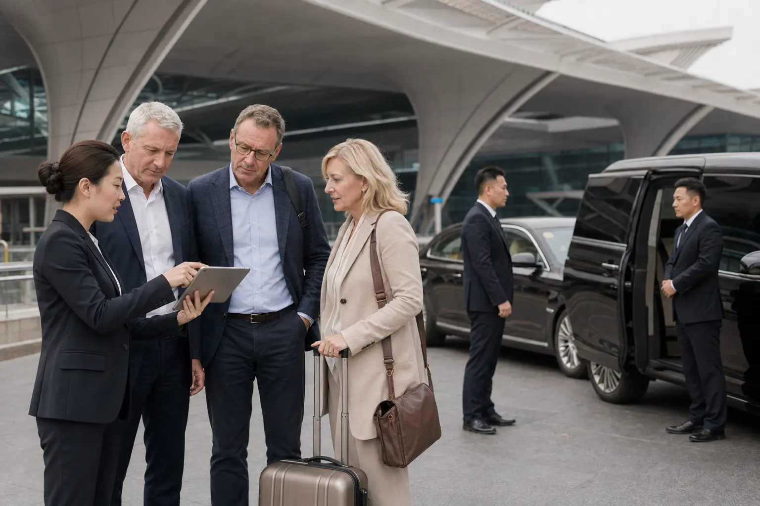 Chinese Program Manager coordinating executive vehicles for a multi-city business journey