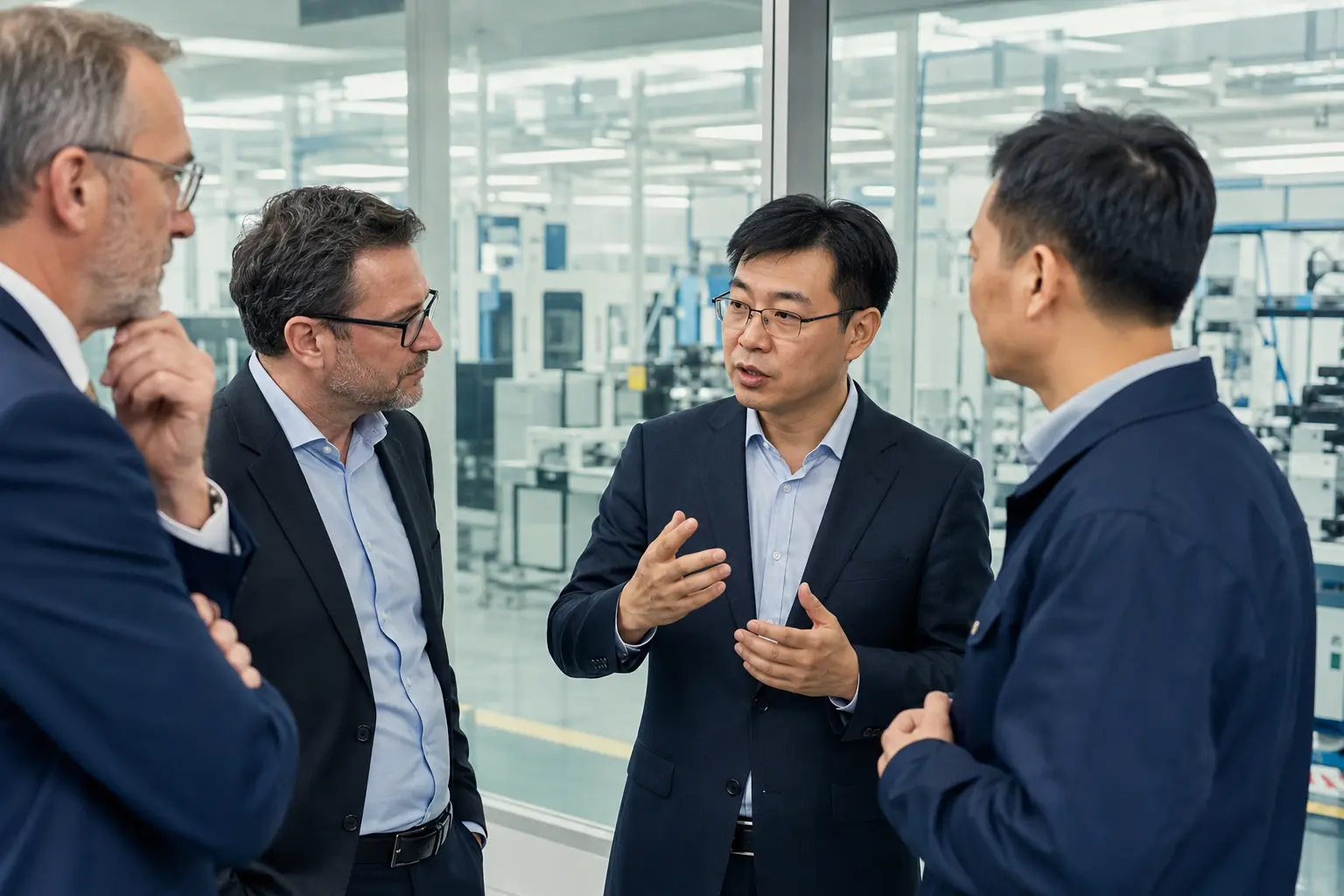 Chinese male business interpreter supporting Western executives during a factory discussion