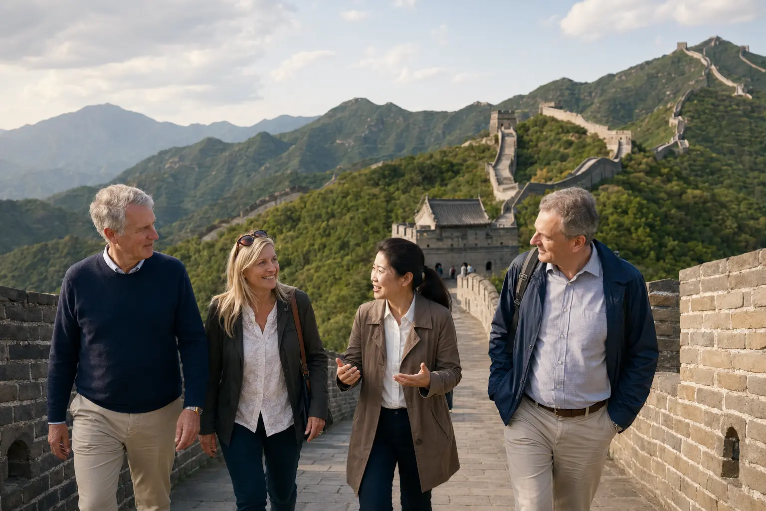 Chinese private guide accompanying mature Western guests on a relaxed Great Wall visit