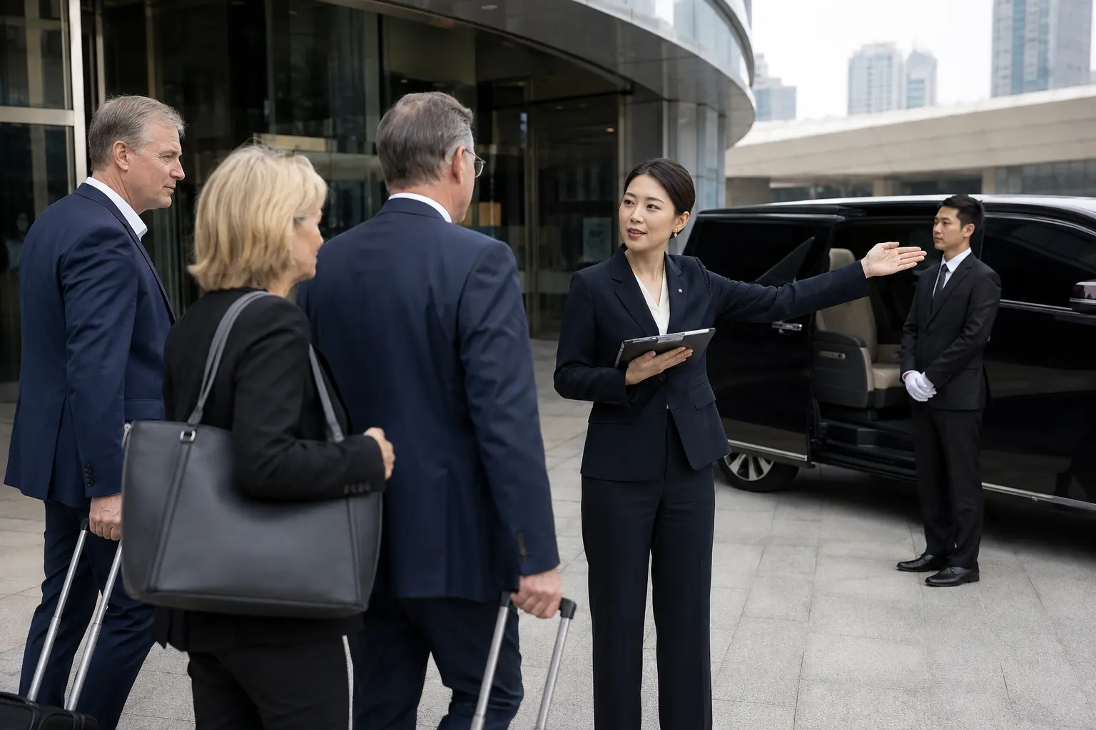 Chinese Program Manager coordinating Western executive arrivals and chauffeur vehicles