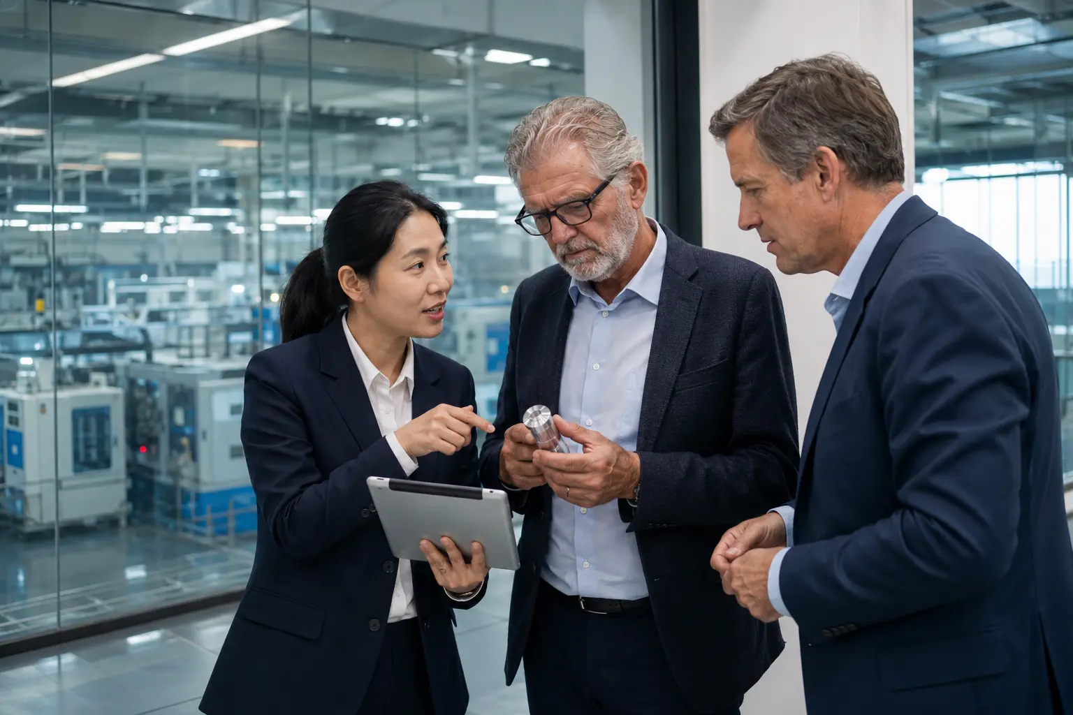 Chinese sourcing specialist supporting Western executives during a supplier visit